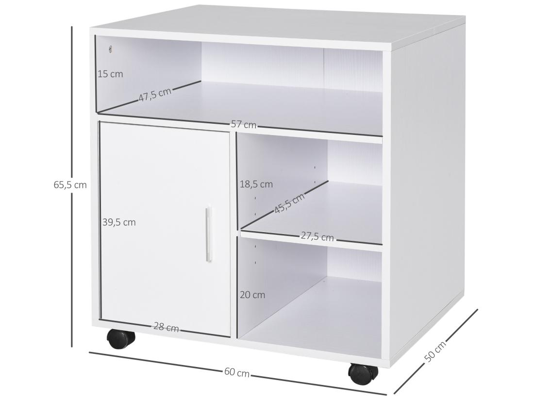 Vente Unique HOMCOM Support D'imprimante Organiseur Bureau Caisson Placard Porte 3 Niches + Grand Plateau Panneaux Particules Blanc