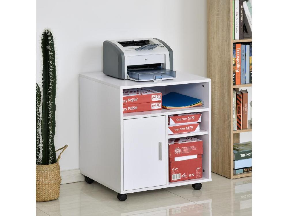 Vente Unique HOMCOM Support D'imprimante Organiseur Bureau Caisson Placard Porte 3 Niches + Grand Plateau Panneaux Particules Blanc