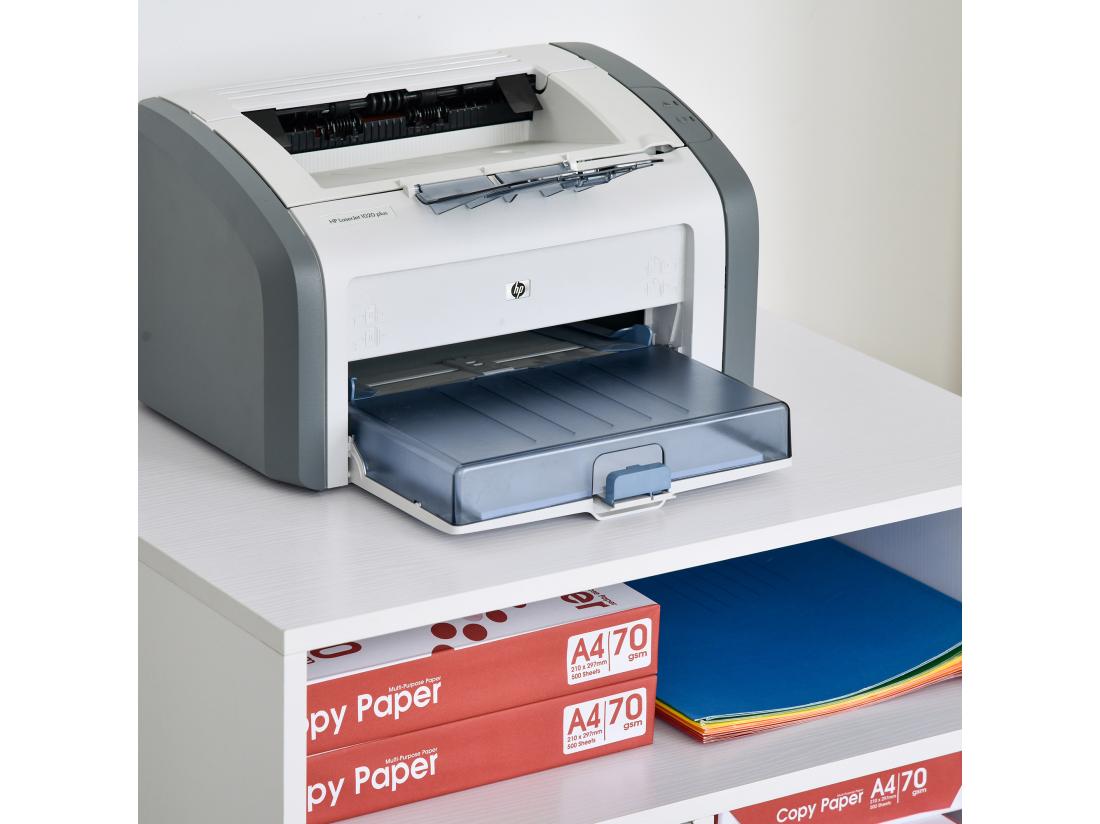 vente unique HOMCOM Support d'imprimante organiseur bureau caisson placard porte 3 niches + grand plateau panneaux particules blanc