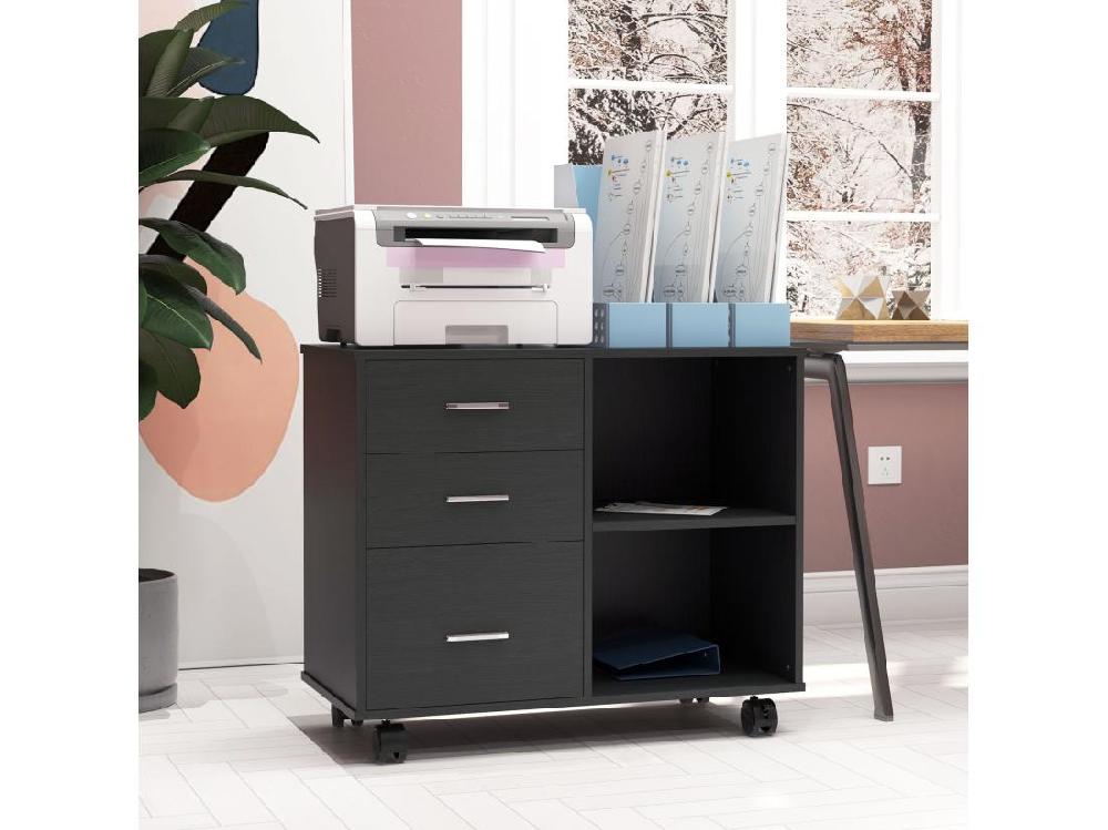 vente unique HOMCOM Support d'imprimante organiseur bureau caisson 3 tiroirs + 2 niches + grand plateau panneaux particules noir