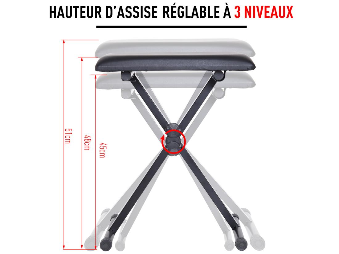 Vente Unique HOMCOM Tabouret Banquette Réglable Pliable Pour Piano Et Clavier Acier Revêtement Synthétique Noir