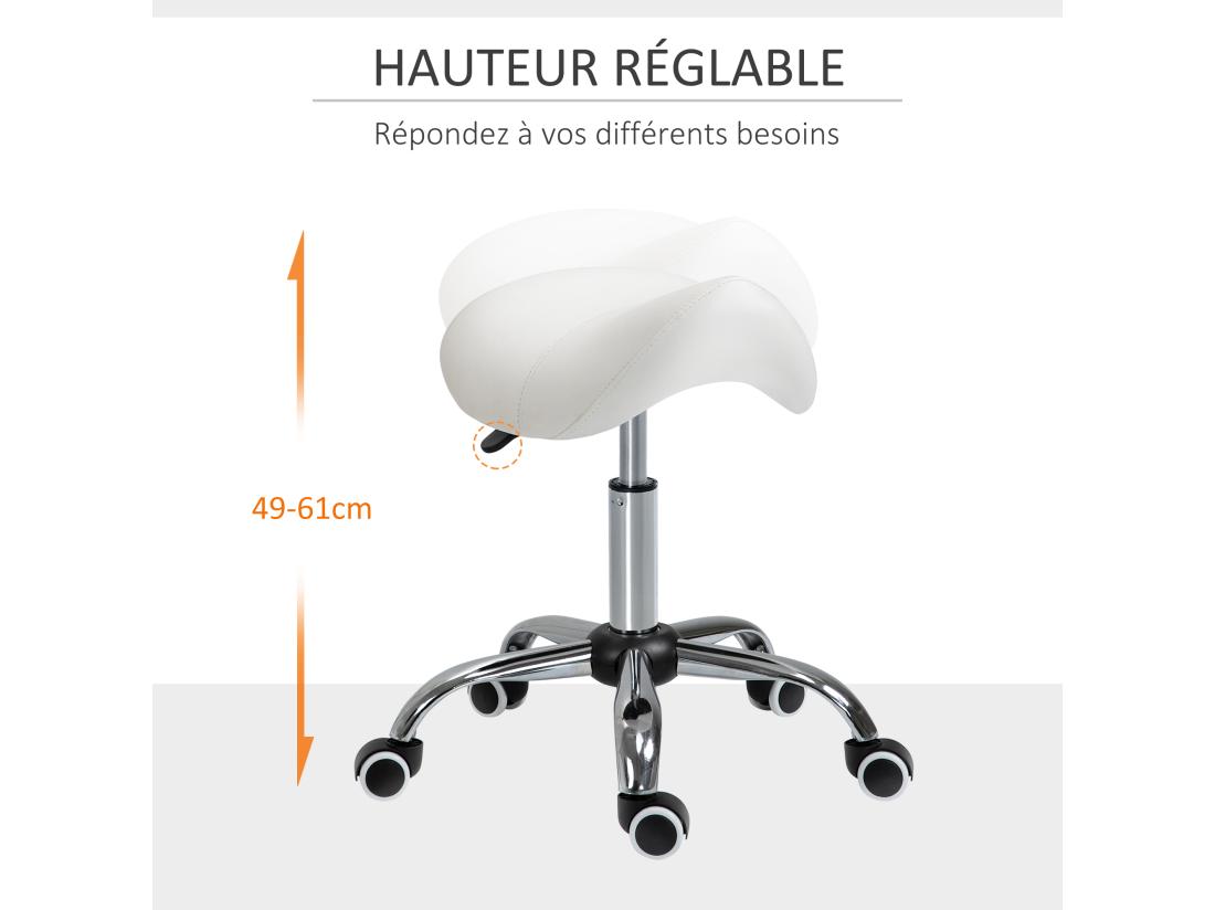 Vente Unique HOMCOM Tabouret De Massage Tabouret Selle Ergonomique Pivotant 360° Hauteur Réglable Revêtement Synthétique Blanc Chromé