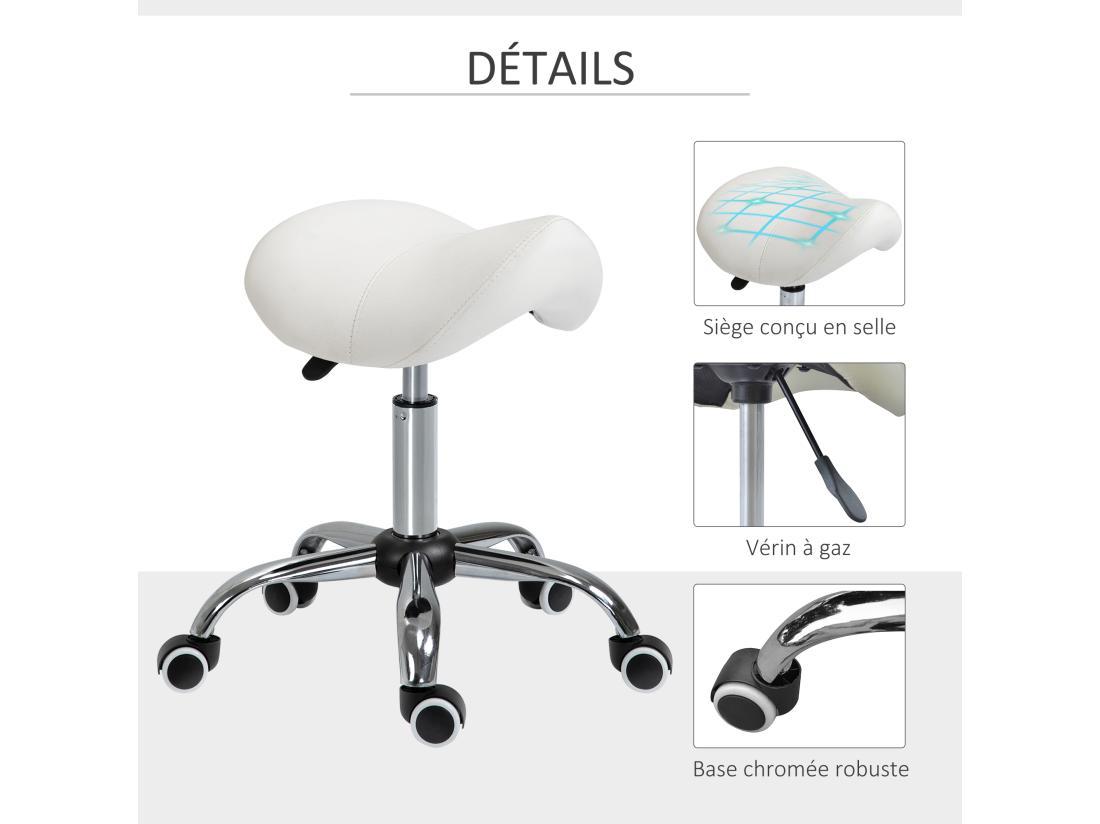 vente unique HOMCOM Tabouret de massage tabouret selle ergonomique pivotant 360° hauteur réglable revêtement synthétique blanc chromé