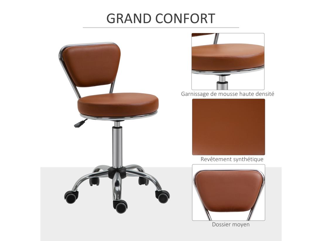 Vente Unique HOMCOM Tabouret De Massage Vintage - Tabouret De Travail Pivotant 360° - Hauteur Assise Réglable 49-64 Cm - Revêtement Synthétique Marron Métal Chromé