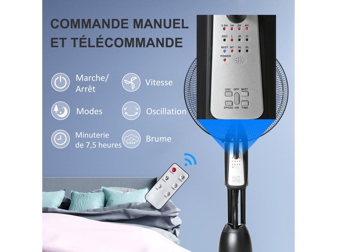 vente unique HOMCOM Ventilateur brumisateur sur roulettes - oscillant inclinable silencieux 90 W avec télécommande - timer 3 modes 3 vitesses - gris noir