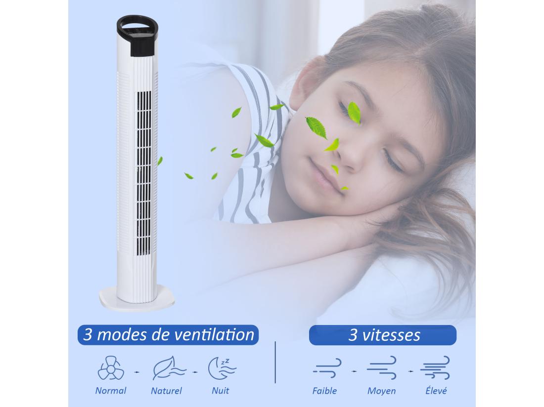 Vente Unique HOMCOM Ventilateur Colonne Tour Oscillant 50 W Silencieux Télécommande Incluse Minuterie 3 Modes 3 Vitesses Blanc Noir