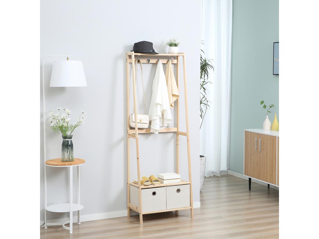 Vente Unique HOMCOM Vestiaire D'entrée Porte-manteau 4 Patères 2 Tiroirs Polyester Gris Clair 2 étagères Bois De Sapin