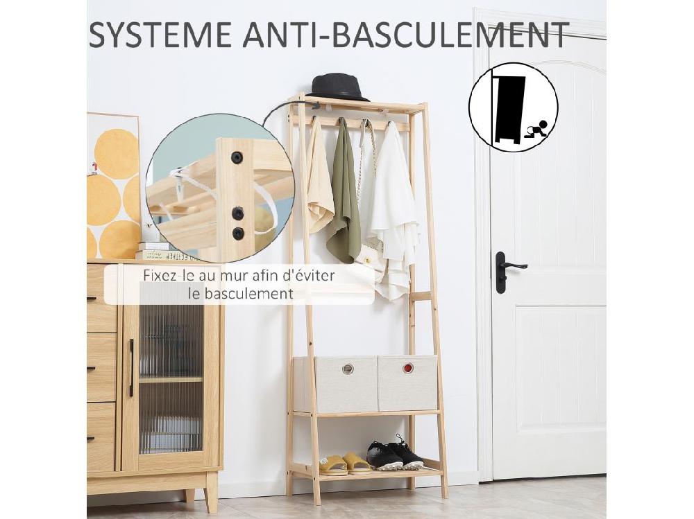 Vente Unique HOMCOM Vestiaire D'entrée Porte-manteau 4 Patères 2 Tiroirs Polyester Gris Clair 2 étagères Bois De Sapin
