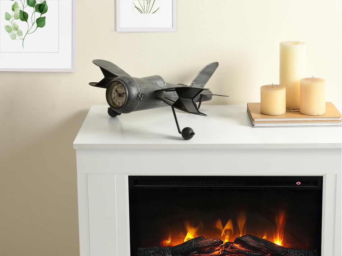 vente unique Horloge avion vintage à poser - Métal - L. 44.5 x P. 39.5 x H. 20 cm - Anthracite - KYOTO