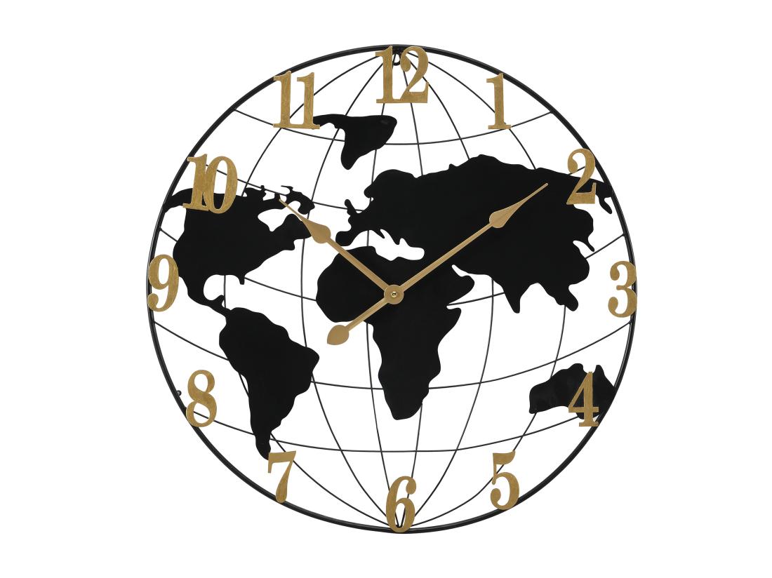 Vente Unique Horloge Murale Map Monde En Métal - D.60 Cm - Noir Et Doré - WORDIA