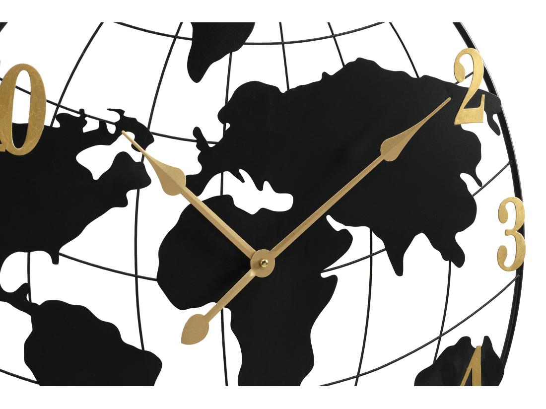 Vente Unique Horloge Murale Map Monde En Métal - D.60 Cm - Noir Et Doré - WORDIA