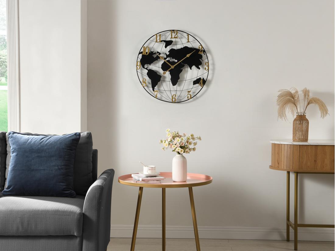 vente unique Horloge murale map monde en métal - D.60 cm - Noir et doré - WORDIA