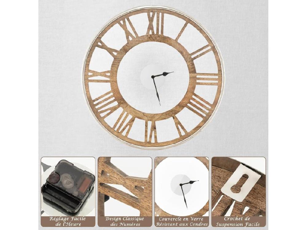 vente unique Horloge murale silencieuse de 51 cm horloge ronde pour chambre bureau salon bois naturel