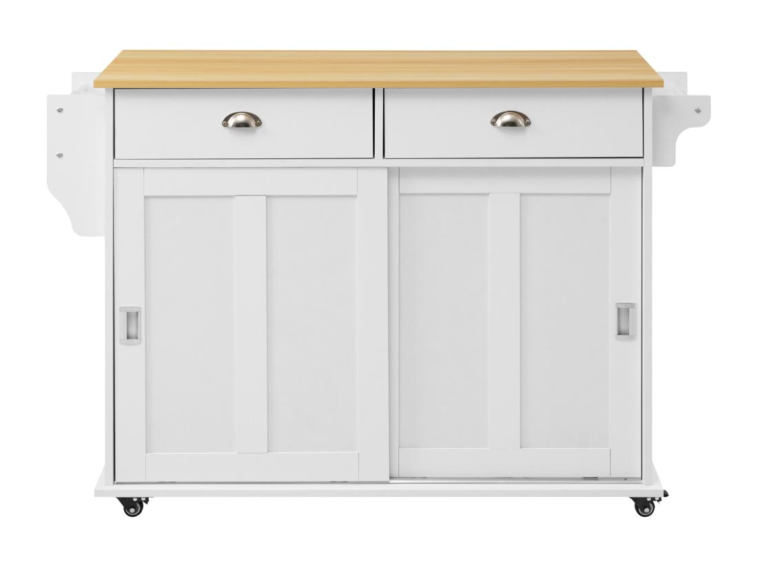Vente Unique Ilot Central De Cuisine - 2 Tiroirs Et 2 Portes Coulissantes - Pieds En Roulettes Ou En Bois - Blanc