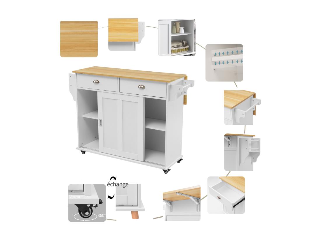 Vente Unique Ilot Central De Cuisine - 2 Tiroirs Et 2 Portes Coulissantes - Pieds En Roulettes Ou En Bois - Blanc