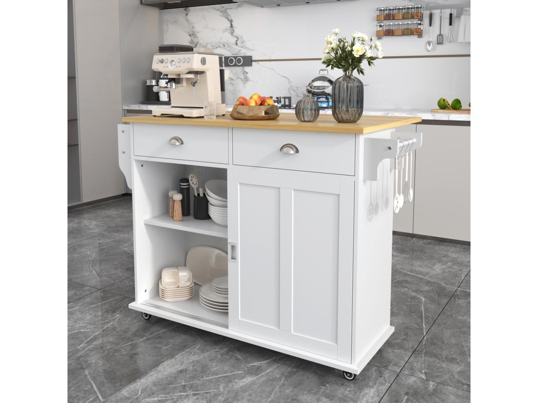 vente unique Ilot central de cuisine - 2 tiroirs et 2 portes coulissantes - pieds en roulettes ou en bois - Blanc