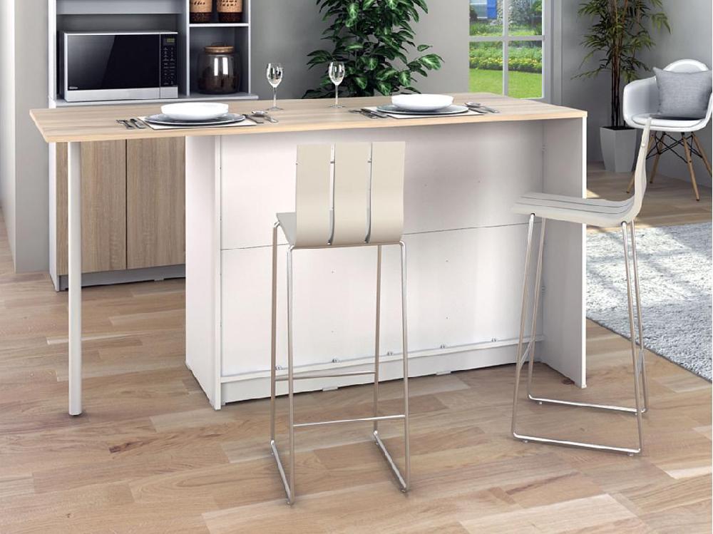 Vente Unique Ilot Central De Cuisine Avec 2 Portes 1 Tiroir Et 2 Niches - Blanc Et Naturel - TUNORI