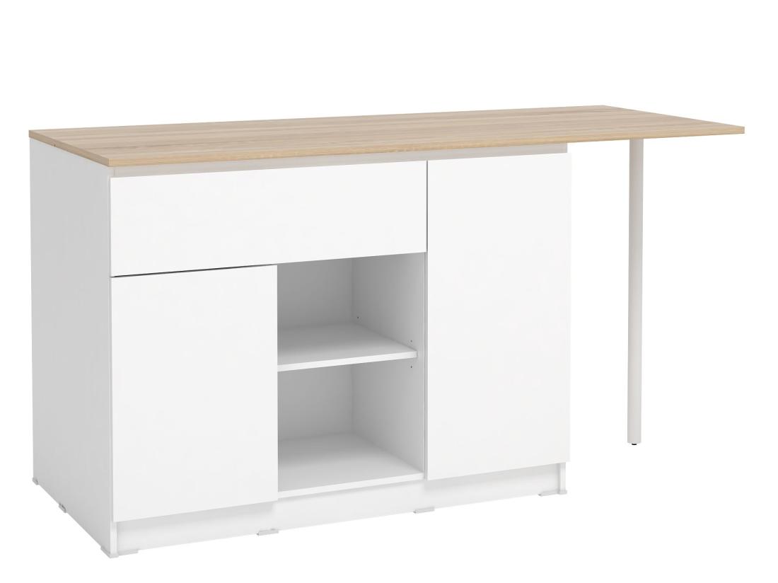 Vente Unique Ilot Central De Cuisine Avec 2 Portes 1 Tiroir Et 2 Niches - Blanc Et Naturel - TUNORI