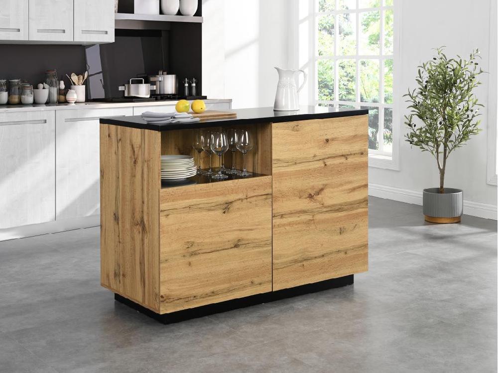vente unique Ilot central de cuisine avec 2 portes et 1 niche en MDF - Naturel et noir - CORELINA
