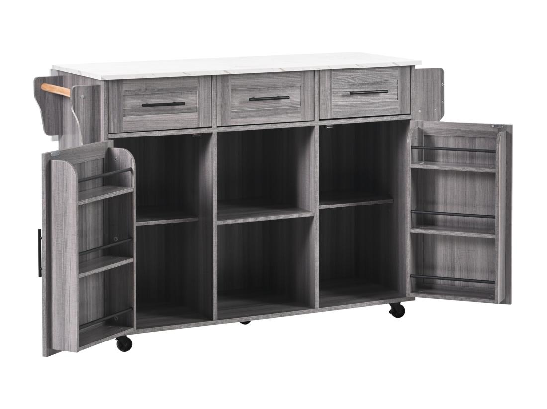 Vente Unique Ilot Central De Cuisine Avec 3 Tiroirs Et Portes De Rangement - Plateau Extensible - Pieds En Roulettes Ou En Bois - Gris