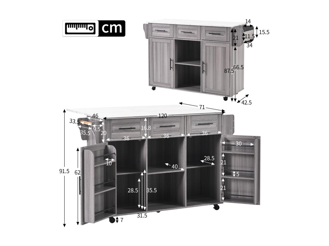 Vente Unique Ilot Central De Cuisine Avec 3 Tiroirs Et Portes De Rangement - Plateau Extensible - Pieds En Roulettes Ou En Bois - Gris