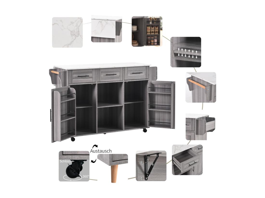 vente unique Ilot central de cuisine avec 3 tiroirs et portes de rangement - Plateau extensible - pieds en roulettes ou en bois - Gris