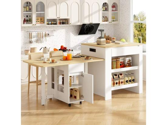 Vente Unique Ilot Central De Cuisine Avec 4 Tiroirs Et étagères Ouvertes - Plateau Extensible - 110(214)x78x97.5 Cm - 2 à 6 Personnes - Blanc+naturel