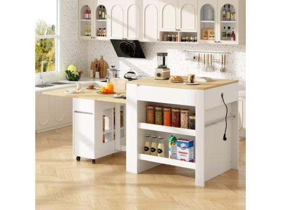 Vente Unique Ilot Central De Cuisine Avec 4 Tiroirs Et étagères Ouvertes - Plateau Extensible - 110(214)x78x97.5 Cm - 2 à 6 Personnes - Blanc+naturel