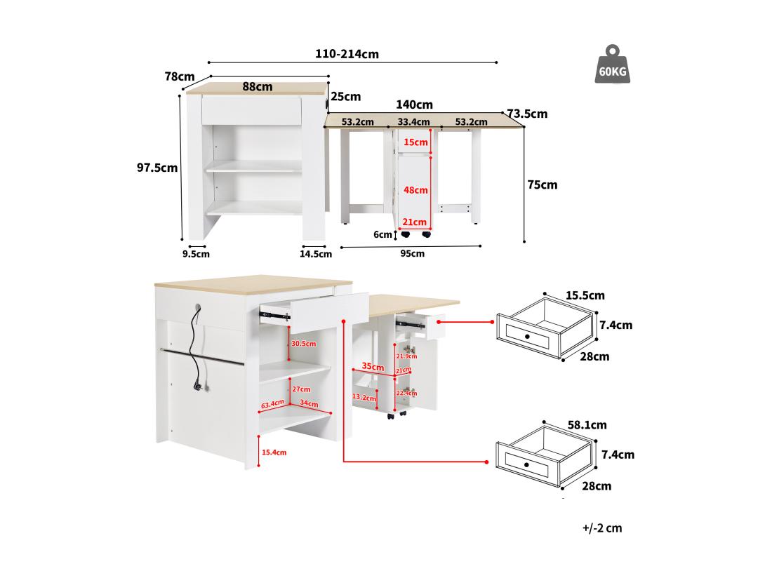 Vente Unique Ilot Central De Cuisine Avec 4 Tiroirs Et étagères Ouvertes - Plateau Extensible - 110(214)x78x97.5 Cm - 2 à 6 Personnes - Blanc+naturel