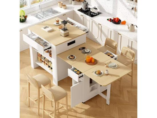 vente unique Ilot central de cuisine avec 4 tiroirs et étagères ouvertes - Plateau extensible - 110(214)x78x97.5 cm - 2 à 6 personnes - Blanc+naturel