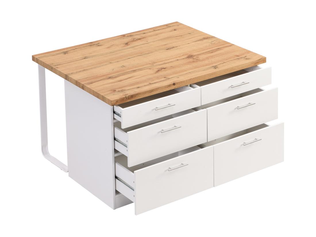 Vente Unique Ilot Central De Cuisine Avec 6 Tiroirs En MDF Et Métal - Blanc Et Naturel Clair - ALEGRITA