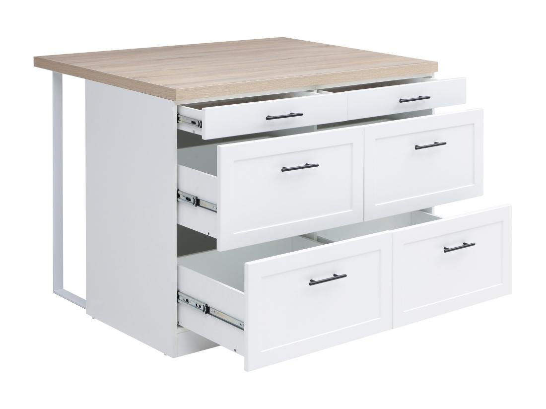 Vente Unique Ilot Central De Cuisine Avec 6 Tiroirs En MDF Et Métal - Blanc Et Naturel - LAKSINA