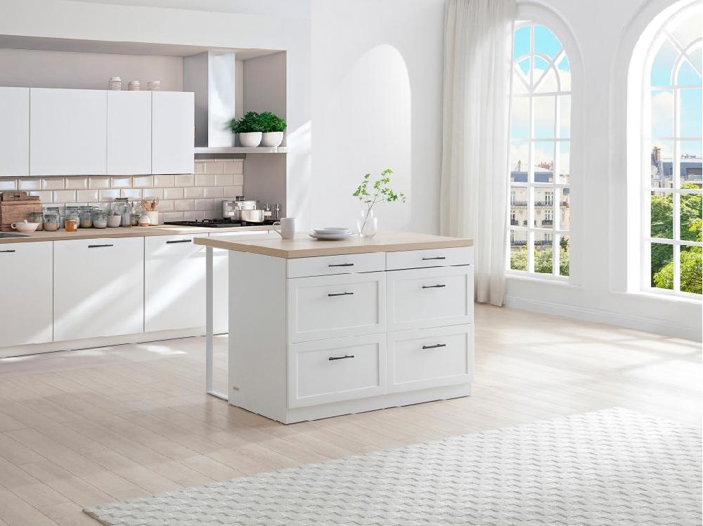 vente unique Ilot central de cuisine avec 6 tiroirs en MDF et métal - Blanc et naturel - LAKSINA