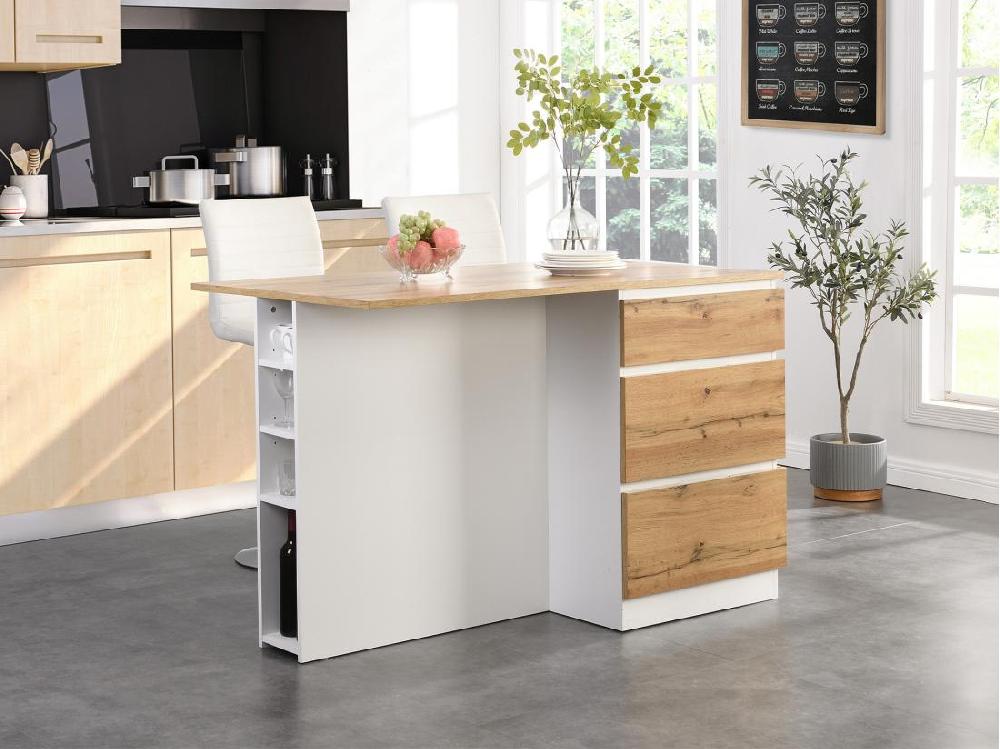 vente unique Ilot central de cuisine avec 6 tiroirs et 4 niches en MDF - Naturel clair et Blanc - POMARELA
