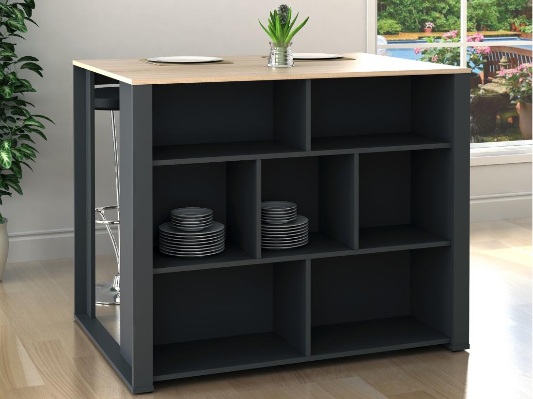 vente unique Ilot central de cuisine avec 7 niches - Naturel et anthracite - OPOLE