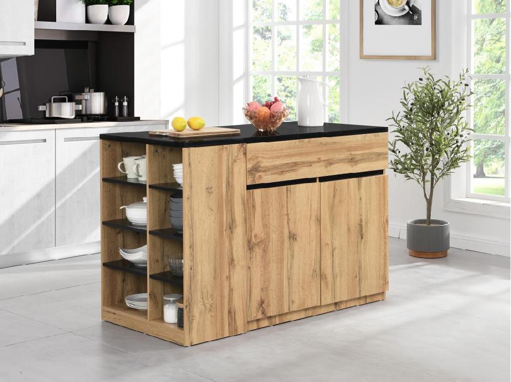 vente unique Ilot central de cuisine avec rangements - Noir et Naturel - MEILI