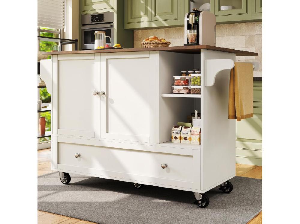 Vente Unique Ilot Central De Cuisine - Chariot à Roulette Avec Plateau Extensible - 1 Tiroirs Et 2 Portes - Blanc