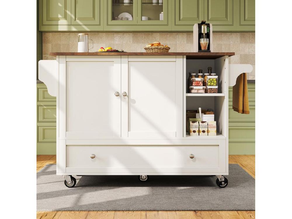 Vente Unique Ilot Central De Cuisine - Chariot à Roulette Avec Plateau Extensible - 1 Tiroirs Et 2 Portes - Blanc