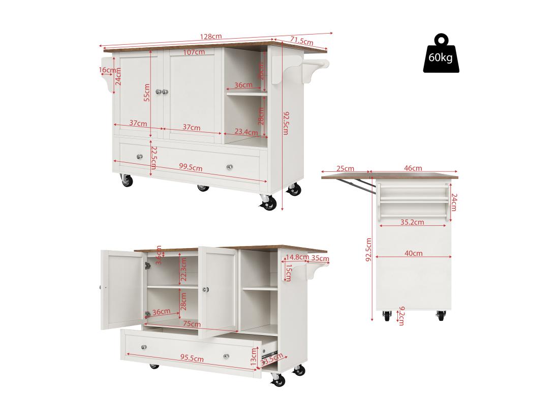 Vente Unique Ilot Central De Cuisine - Chariot à Roulette Avec Plateau Extensible - 1 Tiroirs Et 2 Portes - Blanc