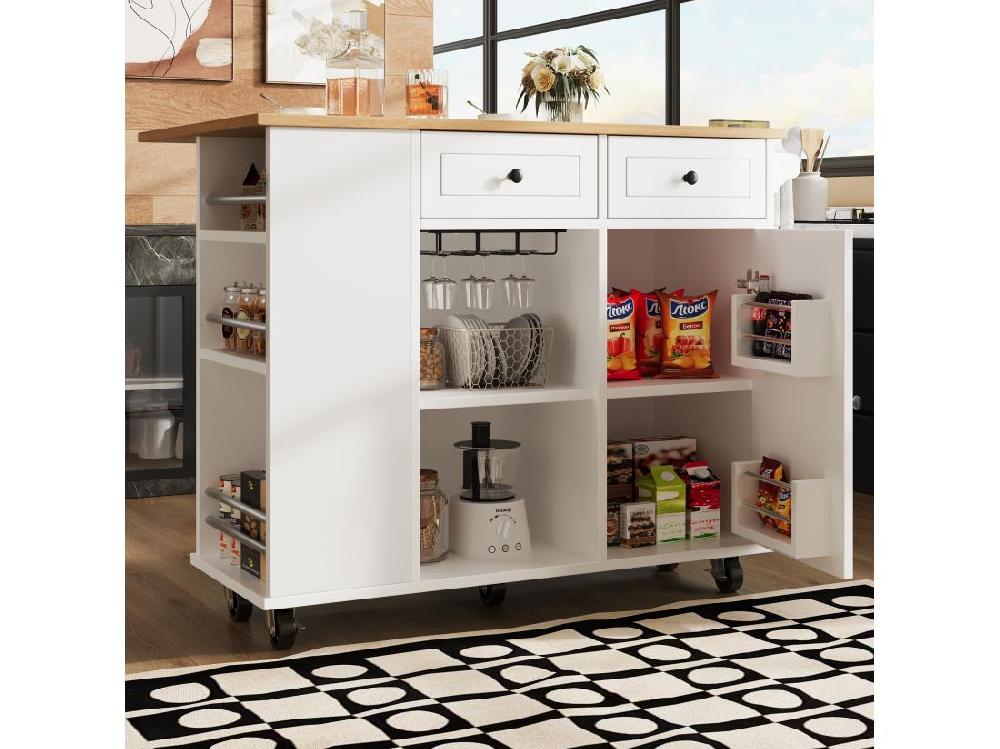Vente Unique Ilot Central De Cuisine - Chariot à Roulette Avec Plateau Extensible - 2 Tiroirs Et 1 Portes - Blanc