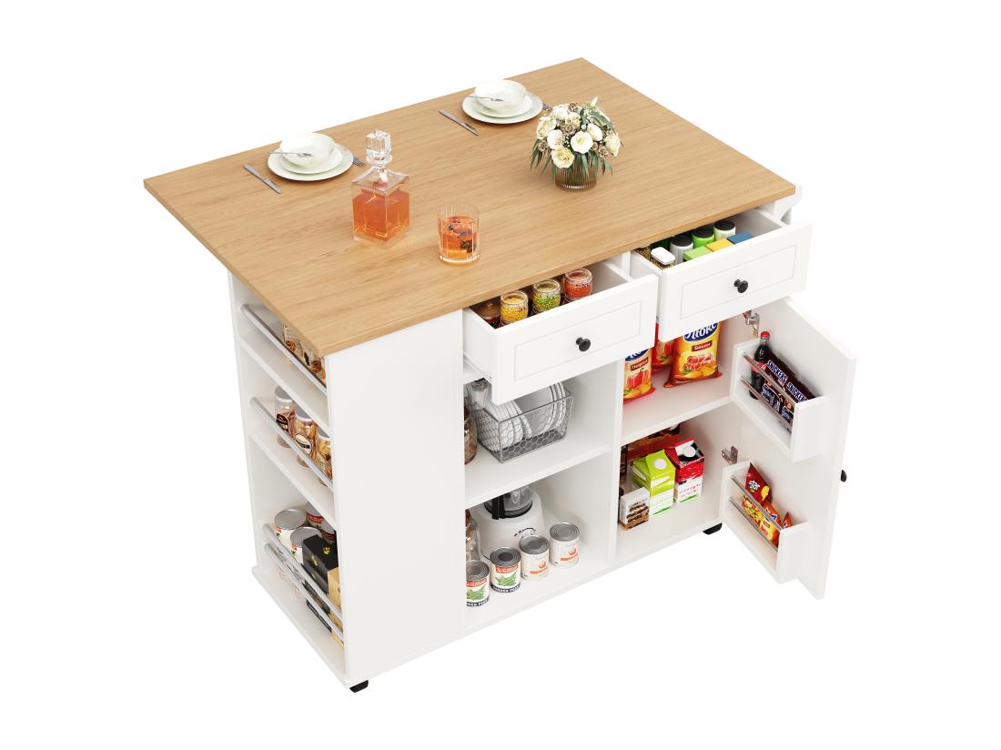 Vente Unique Ilot Central De Cuisine - Chariot à Roulette Avec Plateau Extensible - 2 Tiroirs Et 1 Portes - Blanc