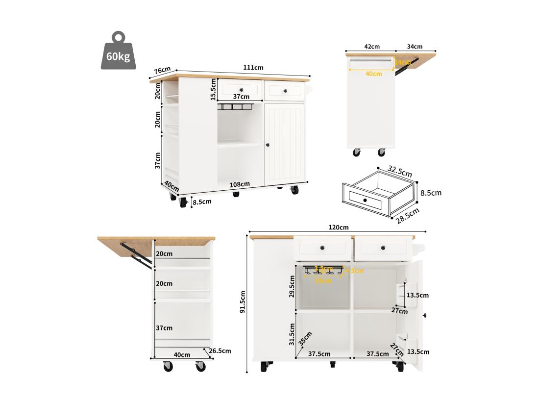 Vente Unique Ilot Central De Cuisine - Chariot à Roulette Avec Plateau Extensible - 2 Tiroirs Et 1 Portes - Blanc