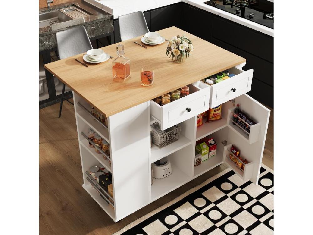 vente unique Ilot central de cuisine - chariot à roulette avec plateau extensible - 2 tiroirs et 1 portes - Blanc
