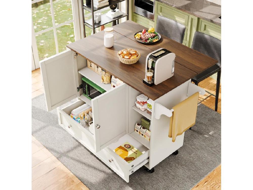 vente unique Ilot central de cuisine - chariot à roulette avec plateau extensible - 1 tiroirs et 2 portes - Blanc