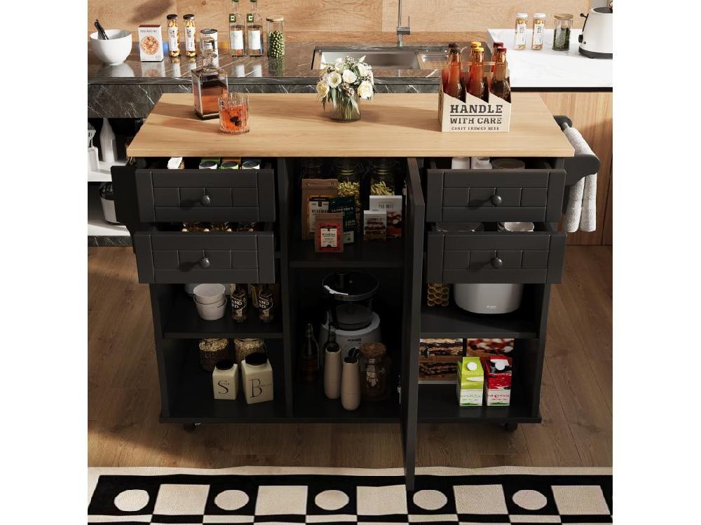 Vente Unique Ilot Central De Cuisine Mobile Avec 1 Porte Et 4 Tiroirs - 111x46x91.5 Cm - Bois MDF - Noir Et Naturel