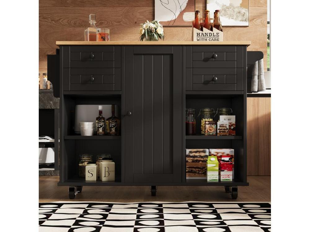 Vente Unique Ilot Central De Cuisine Mobile Avec 1 Porte Et 4 Tiroirs - 111x46x91.5 Cm - Bois MDF - Noir Et Naturel
