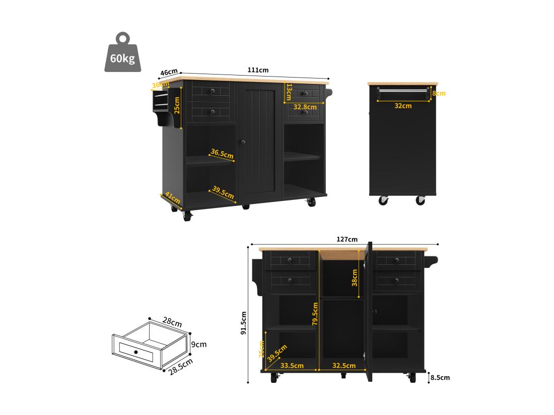 Vente Unique Ilot Central De Cuisine Mobile Avec 1 Porte Et 4 Tiroirs - 111x46x91.5 Cm - Bois MDF - Noir Et Naturel