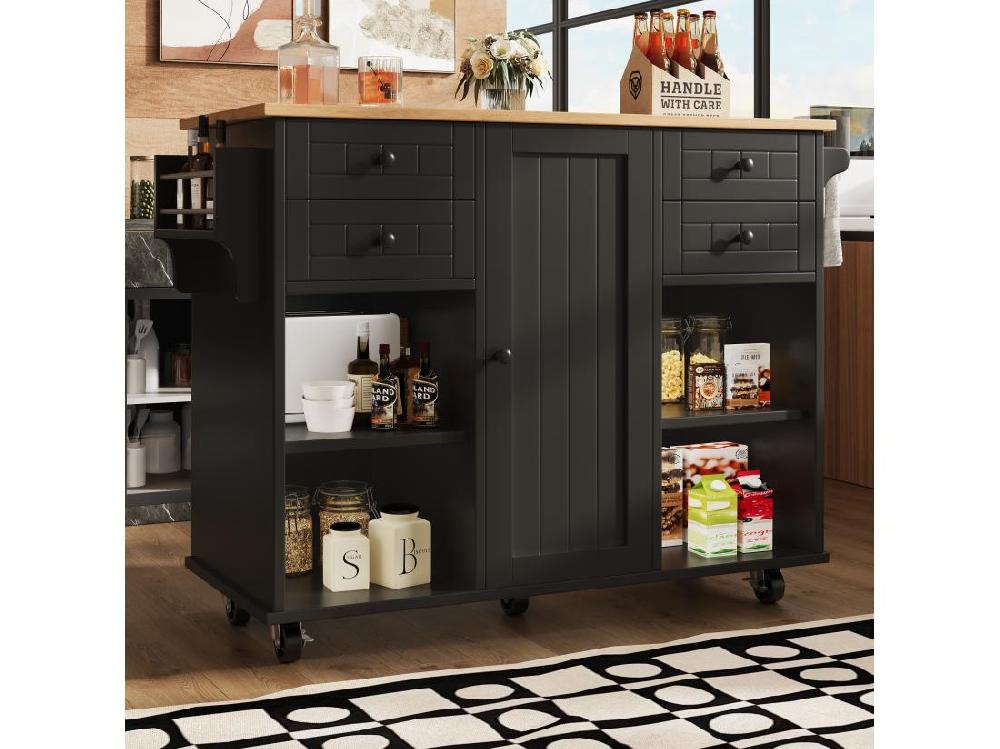 vente unique Ilot central de cuisine mobile avec 1 porte et 4 tiroirs - 111x46x91.5 cm - Bois MDF - Noir et naturel