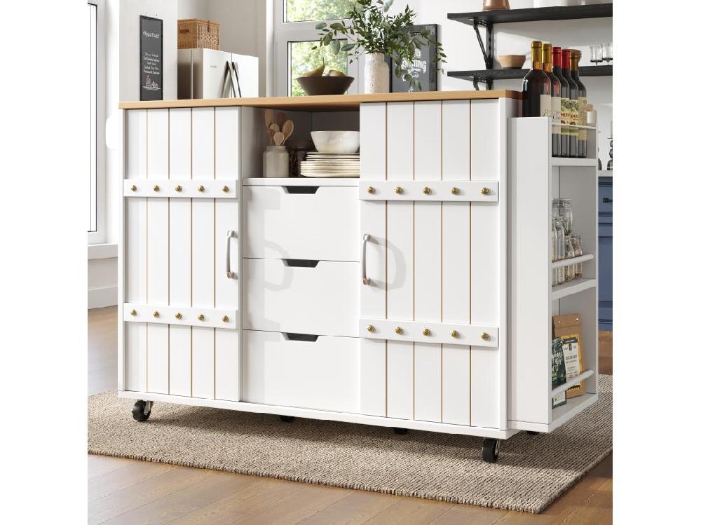 Vente Unique Ilot Central De Cuisine Mobile - Plateau Extensible - 3 Tiroirs - Avec étagère à épices Et Porte-serviettes - MDF - Blanc