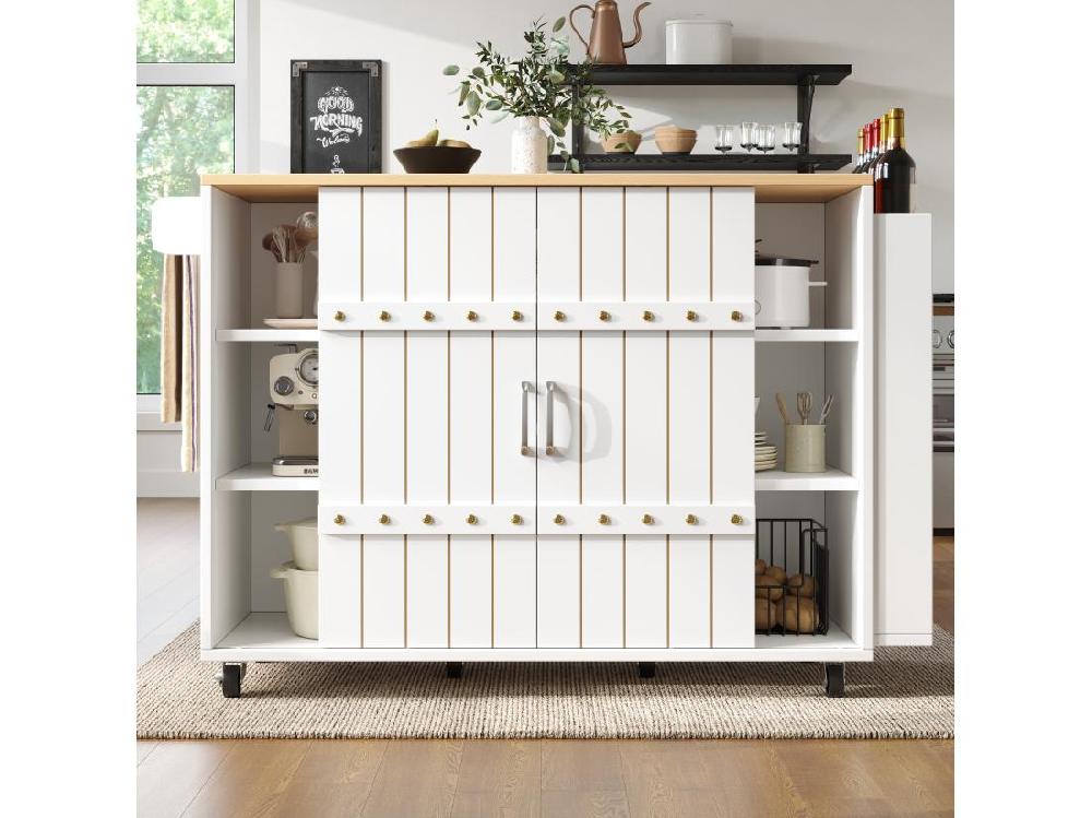 Vente Unique Ilot Central De Cuisine Mobile - Plateau Extensible - 3 Tiroirs - Avec étagère à épices Et Porte-serviettes - MDF - Blanc